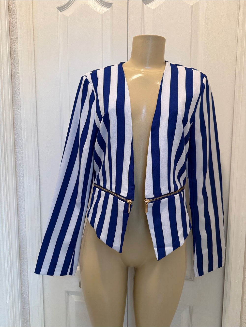 Active USA Blue and White Striped Open-Front Blazer